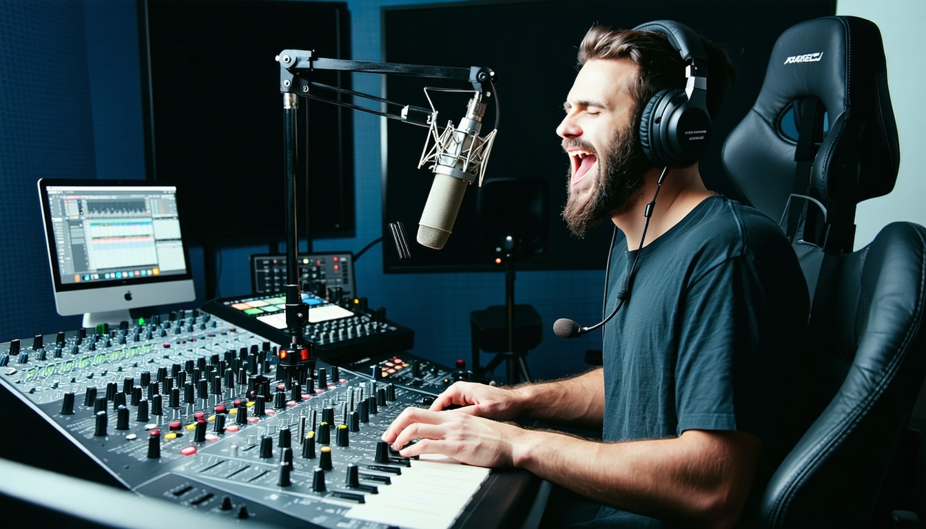 A radio DJ in a professional studio, surrounded by