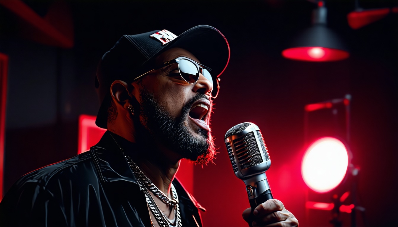 Big Boss Booling in a dimly-lit studio, passionate